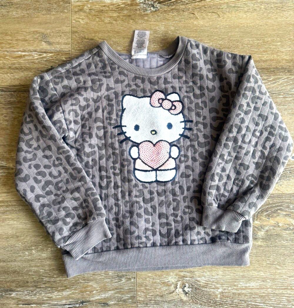 Hello Kitty by Sanrio Girls Gray Animal Print Sequin Pullover Size 6